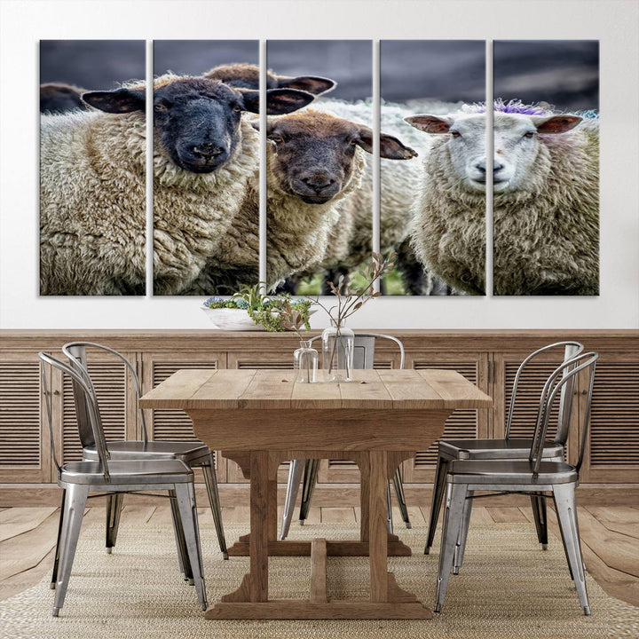 The Charming Sheep Portrait Wall Art hangs on a wooden wall.