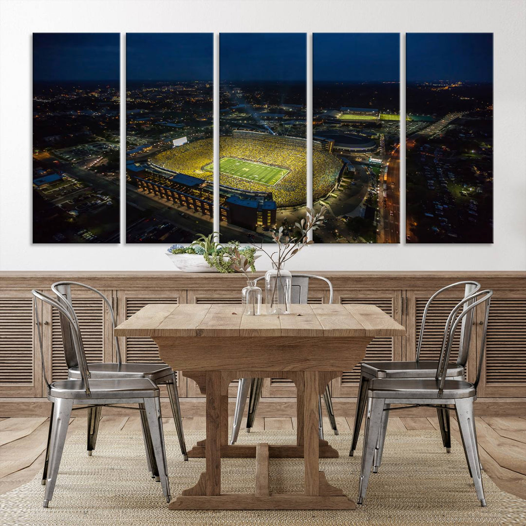 Aerial view of Michigan Stadium nightlife on canvas – Framed, ready-to-hang sports arena wall art.