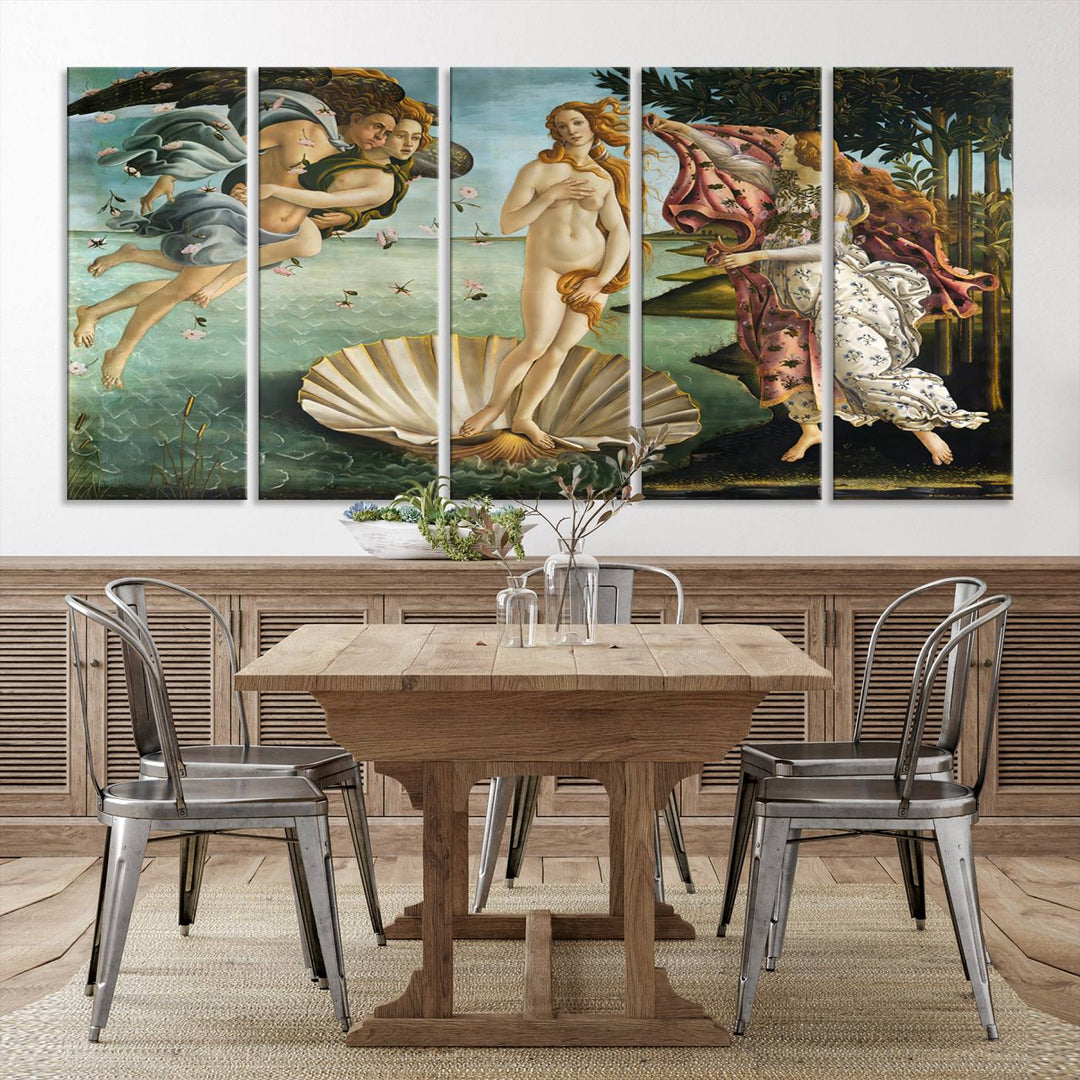 A canvas print of Botticellis The Birth of Venus is displayed on the wall.