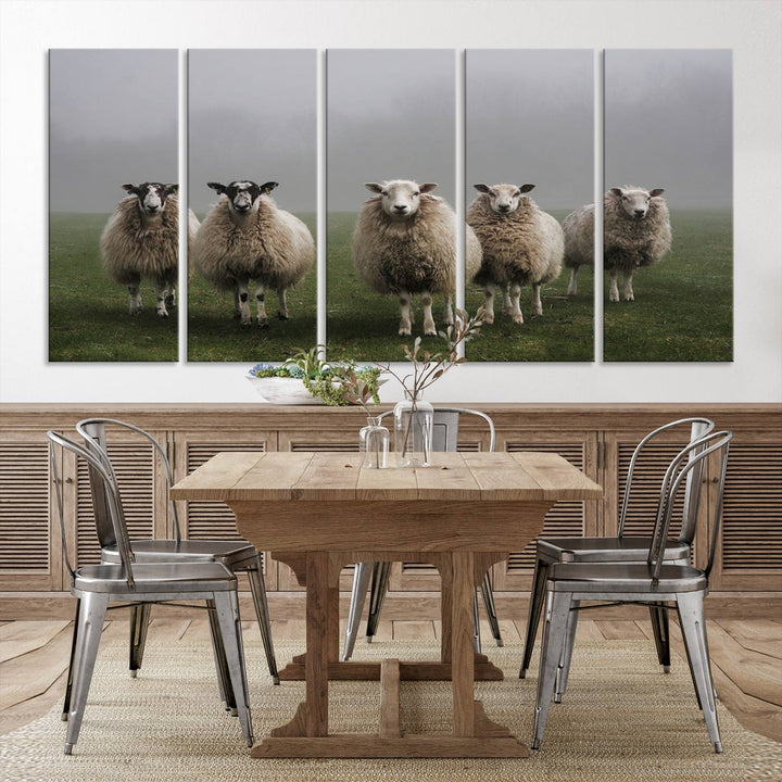 The Flock of Sheep in a Mystical Fog canvas print is framed and ready to hang.