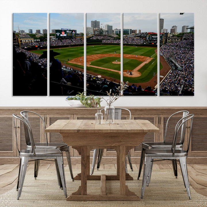 Admire this museum-quality canvas print of a Chicago Cubs game with a cityscape view from the stands at Wrigley Field.