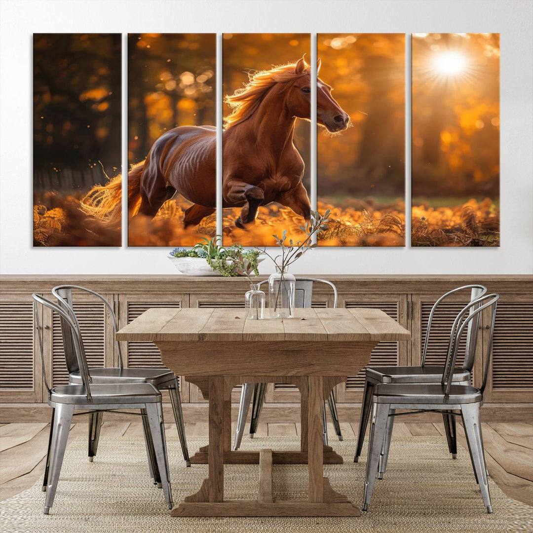 The Running Horse Sunset Forest Wall Art Canvas Print showcases a gallop in an autumn forest with sunlight streaming through the trees.