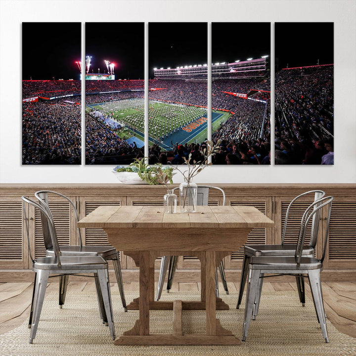 The Gators Night Game Canvas Art captures a lively night at Ben Hill Griffin Stadium with vibrant fireworks and the energy of a live band.