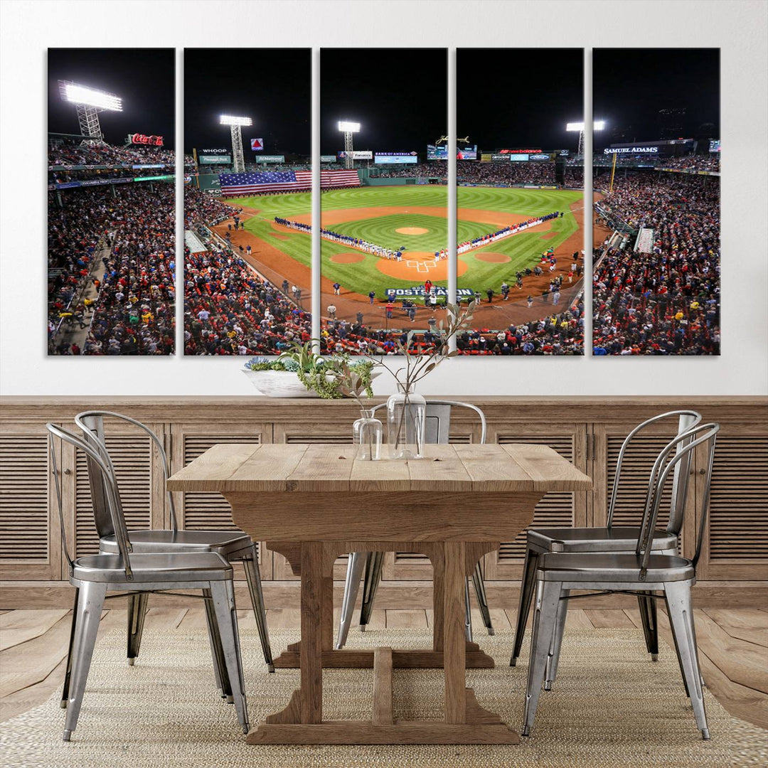 The Fenway Park Wall Art Canvas Print showcases a stunning aerial view of Bostons iconic ballpark at night, making it an ideal piece for any Red Sox enthusiast.