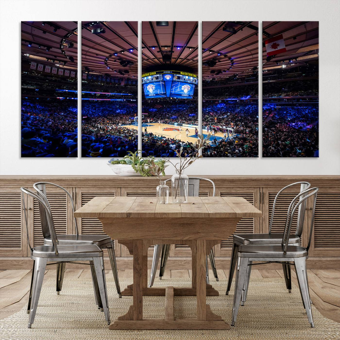 A print depicting an NBA game at Madison Square Garden, highlighting the scoreboard.