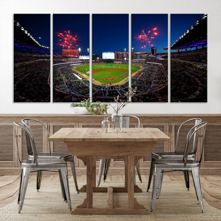 Truist Park wall art: fireworks over a Braves crowd, a large 3-panel canvas, framed and ready-to-hang.