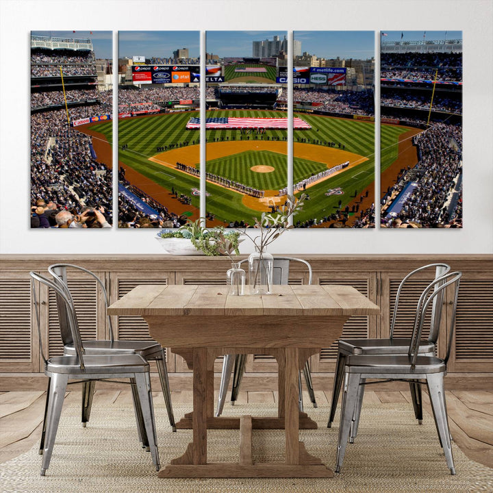 The Yankee Stadium New York wall art print features a vibrant scene of baseball fans with a large flag and players, expertly capturing the spirit of the game. This ready-to-hang décor is perfect for adding a dynamic touch to any space.