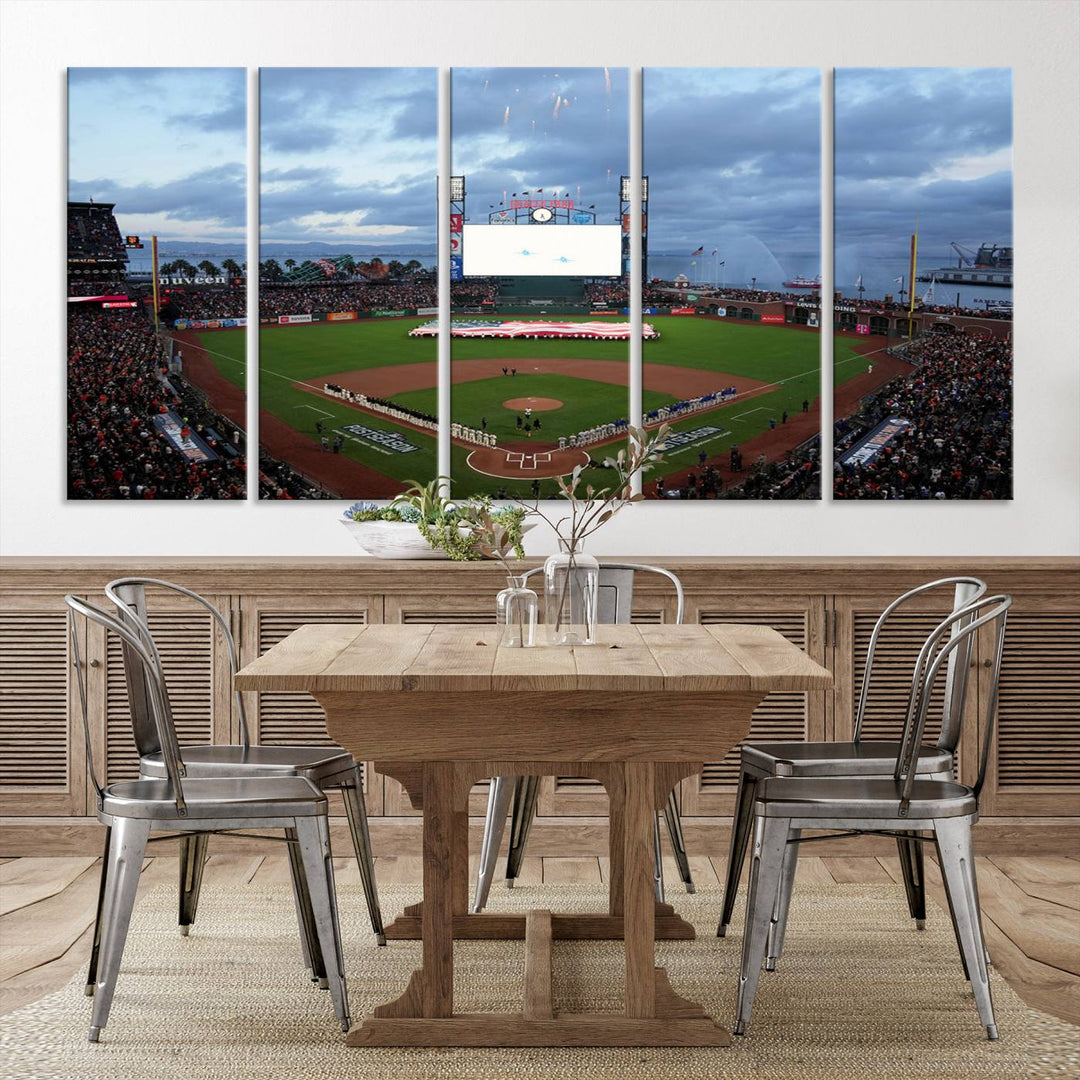 This framed 3-panel canvas MLB wall art features a giant flag and fans under a cloudy sky at Oracle Park.