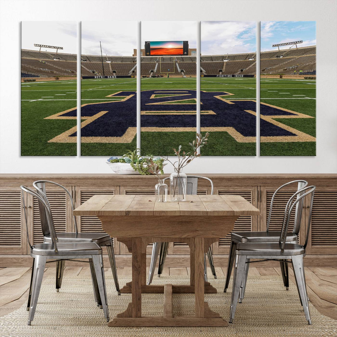 Notre Dame Stadium Triptych: This ready-to-hang giclee canvas print features a vibrant depiction of the football field adorned with an A logo and a stunning sunset.