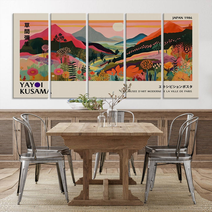 The Yayoi Kusama Landscape Print features vibrant floral mountains with abstract designs, ideal for modern decor.