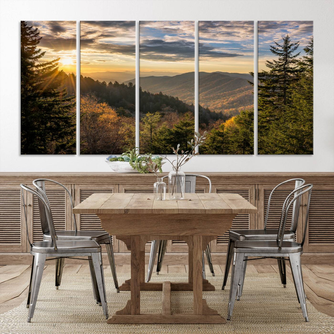 The dining area is beautifully decorated with the Sunrise Over the Smoky Mountains Canvas Wall Art – a breathtaking scenic landscape photography in a stunning triptych that's ready to hang.