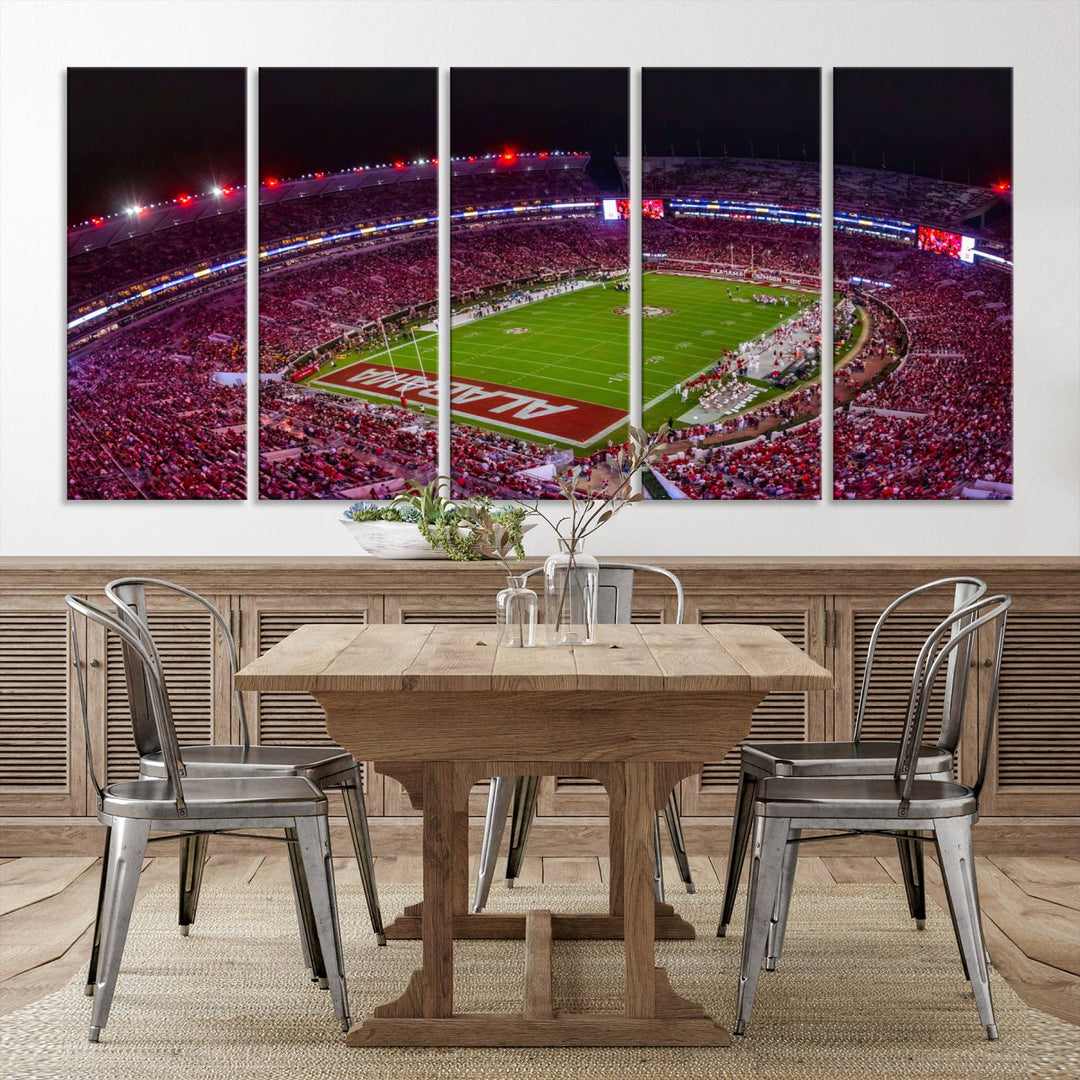 The living room features a Bryant-Denny Stadium Night Game Triple Canvas Wall Art.