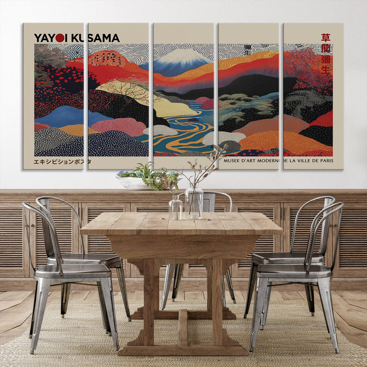 The room showcases Kusamas 1986 vibrant abstract landscape wall art print.