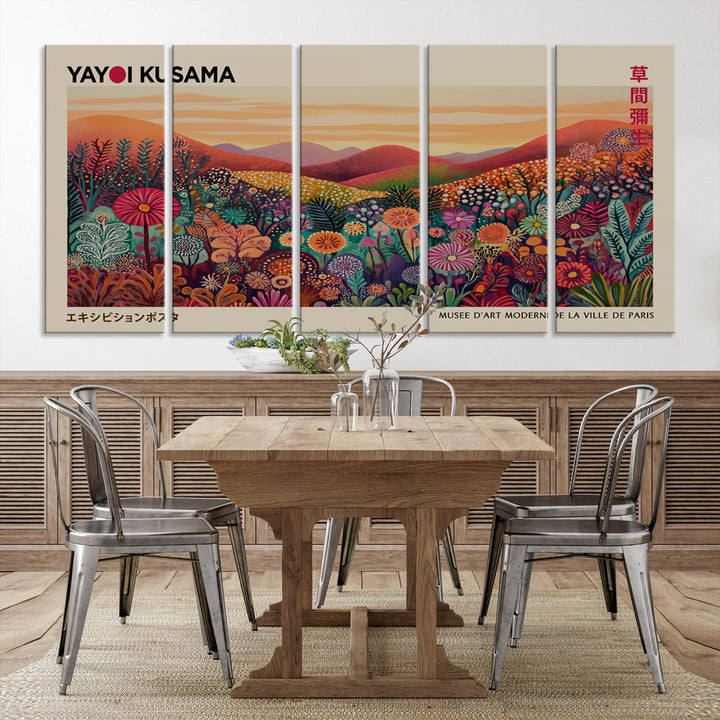 A framed Yayoi Kusama abstract landscape art print adorns the wall.