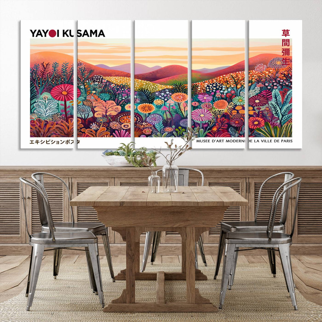 A Framed Yayoi Kusama 1986 Wall Art Print, showcasing a vibrant abstract landscape with flowers and reflecting the Wabi Sabi style, is displayed.