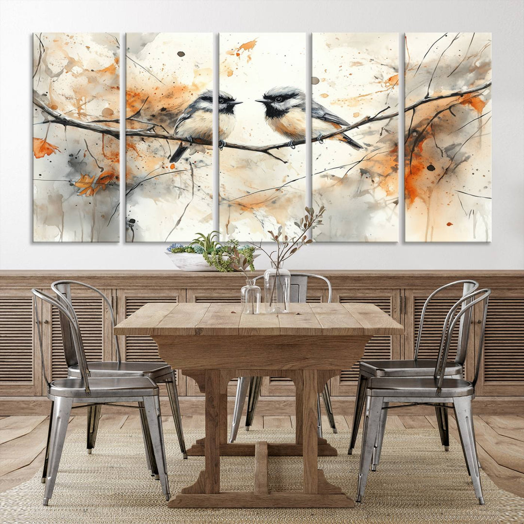 The living room features abstract watercolor chickadee bird art on the wall.