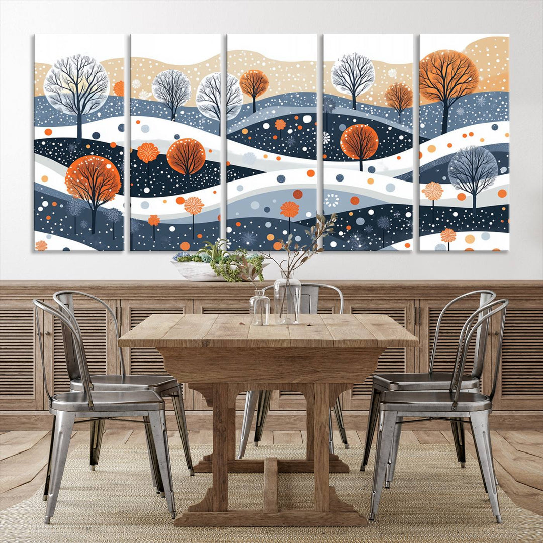 The "Abstract Winter Landscape Canvas Wall Art Print," featuring a triptych of landscapes with trees and hills in vibrant orange, white, and blue hues, adds a gallery-quality finish that transforms the space into an art lover's dream.