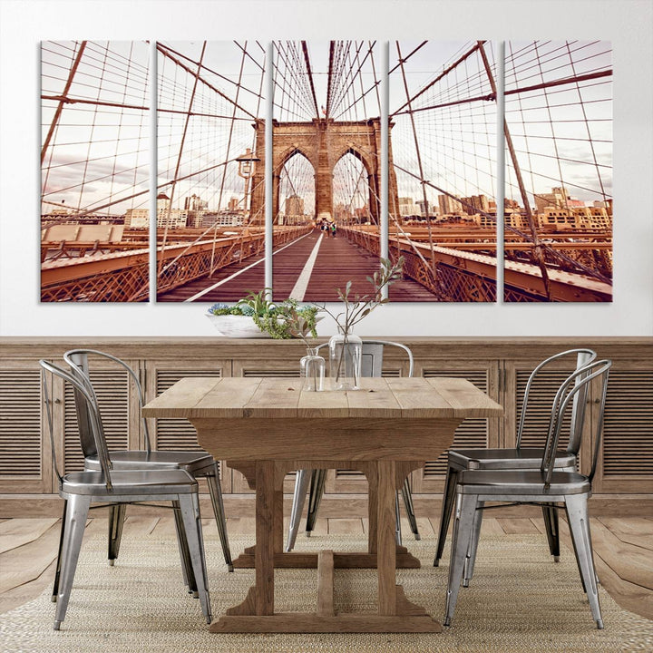 The three-panel "Wall Art New York Manhattan Cityscape Canvas Print" of the Brooklyn Bridge makes an ideal addition to minimalist interiors, capturing the essence of abstract expressionism.