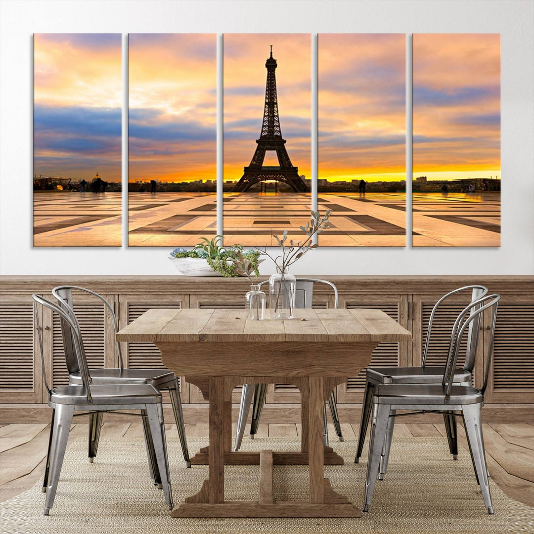 The "Paris Eiffel Tower Wall Art Canvas Prints" graces a wooden wall reminiscent of abstract expressionism.