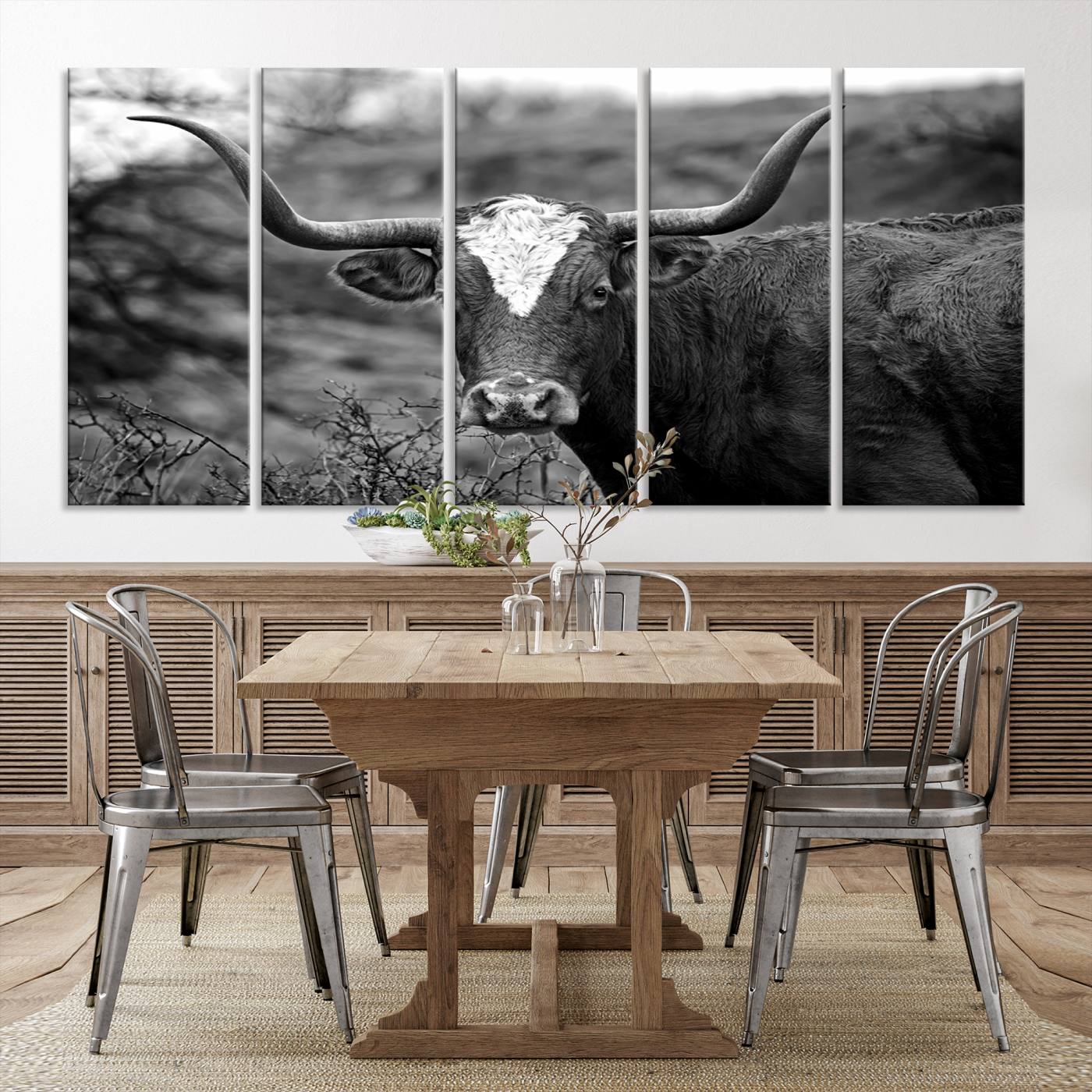 76200-MGV-CV-36X24-Western Home Wall Art Canvas Print, Framed Texas Longhorn Art Picture Print, Rustic Cow Perfect Rustic Farmhouse Decor Artwork