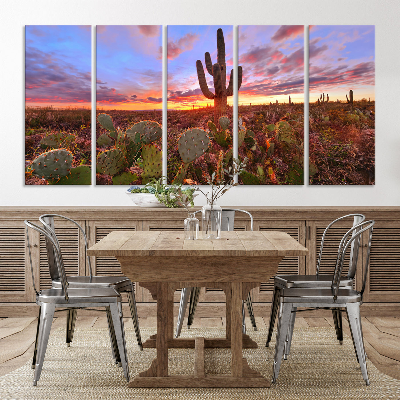 The Arizona Desert Sunset Wall Art Canvas Print hangs prominently.