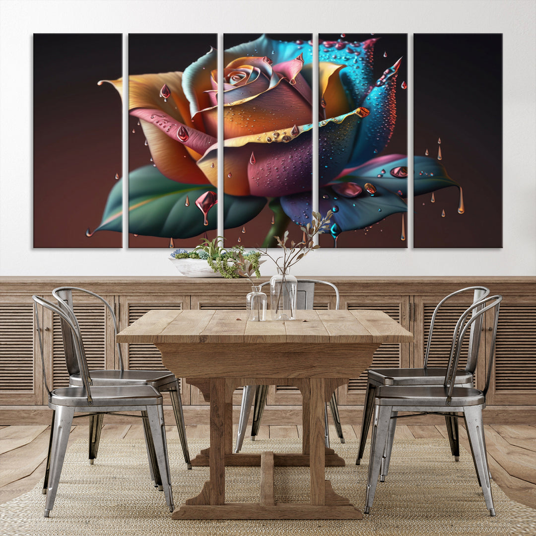 The Abstract Rose Wall Art Canvas Print displays a rose with droplets.