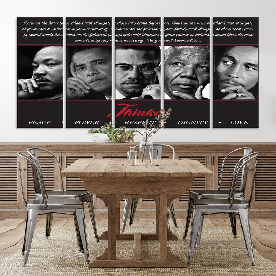 The wall art is a black and white piece featuring iconic figures accompanied by the words Thinker Peace Power Respect Dignity.