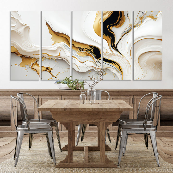 Modern interiors showcase Gold Waves on Pure White Canvas.