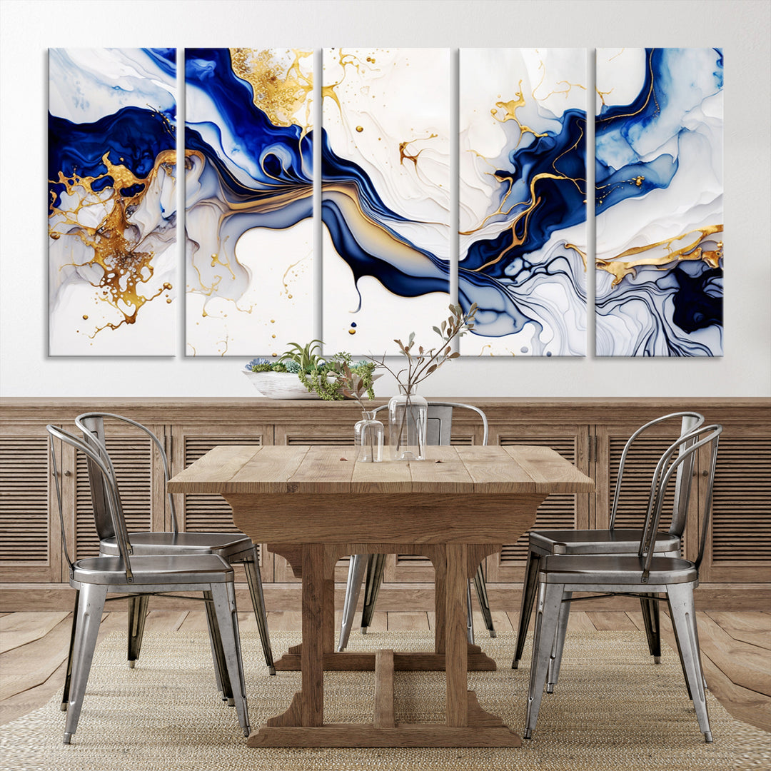 Golden Cascades on Midnight Blue wall art swirls above, featuring gold and white accents.