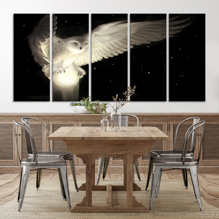 The Night Owl Art graces the wall with its depiction of a snowy owl on a glowing orb, perfect for modern decor.