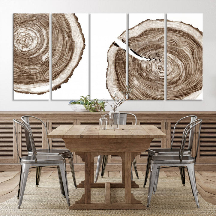 Wood Tree Ring Wall Art on a minimalist black and white canvas.