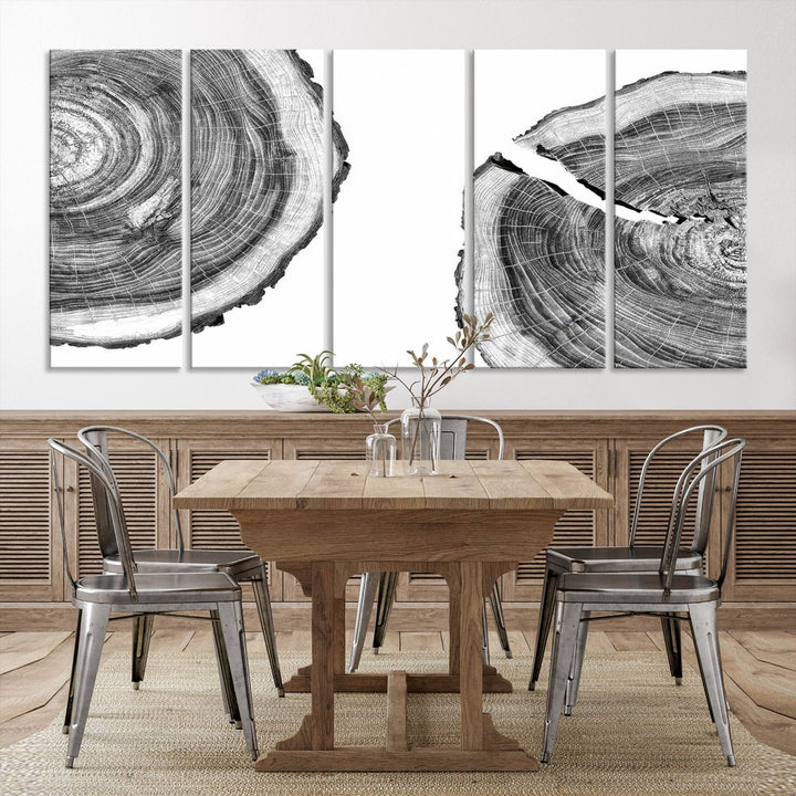 The minimalist art piece Abstract Large Tree Rings on canvas creates a striking focal point.