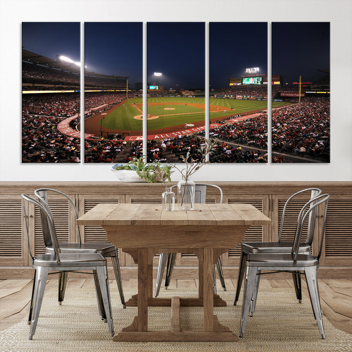 Aerial view of an LA Angels game at night, captured as stunning wall art on premium canvas, handmade in the USA.