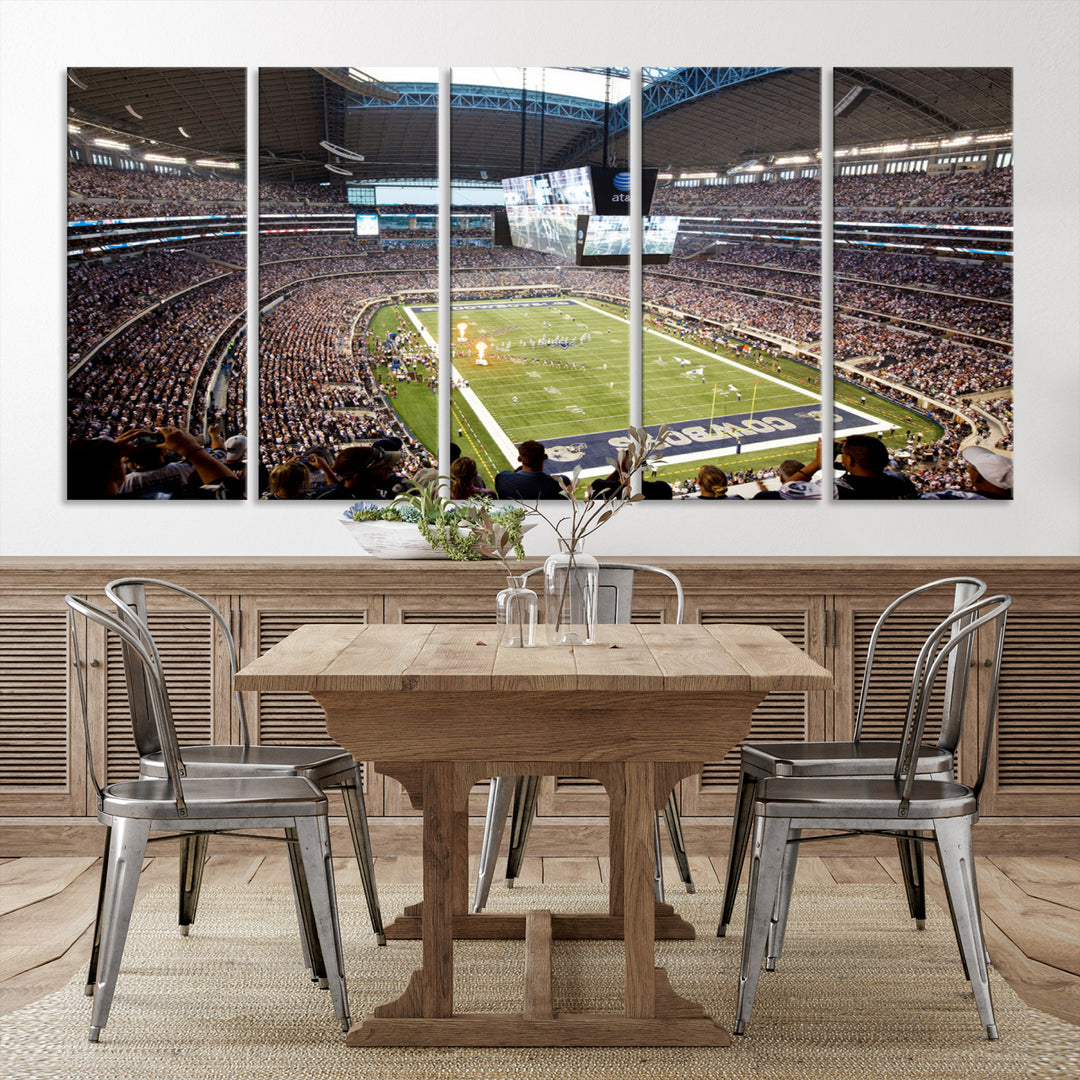 The wall art is a Dallas Cowboys AT&T Stadium Canvas Print, showcasing the iconic logo.