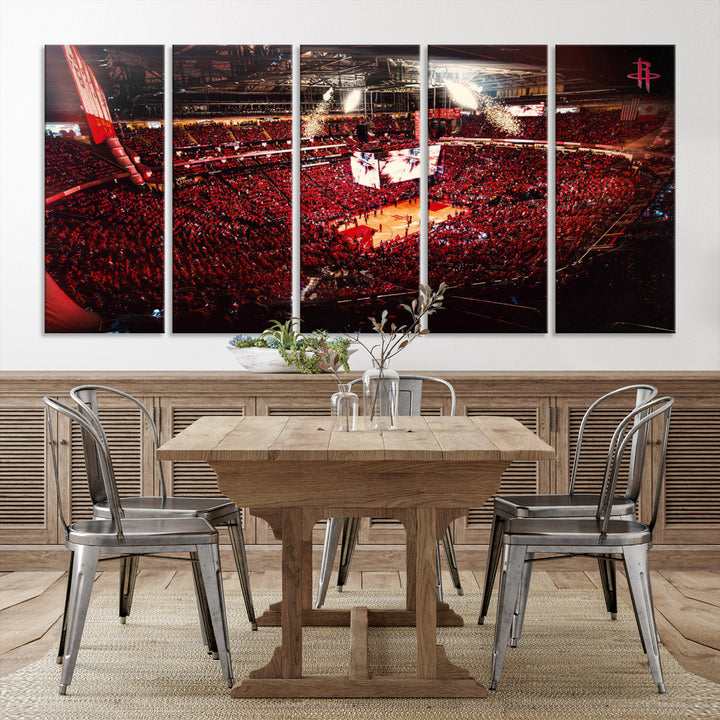 A crowded basketball arena with red lighting hosts a Houston Rockets game.