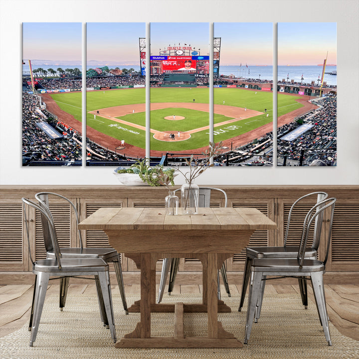 Gallery-quality canvas print of Oracle Park Stadium showcasing a waterfront view from behind home plate.