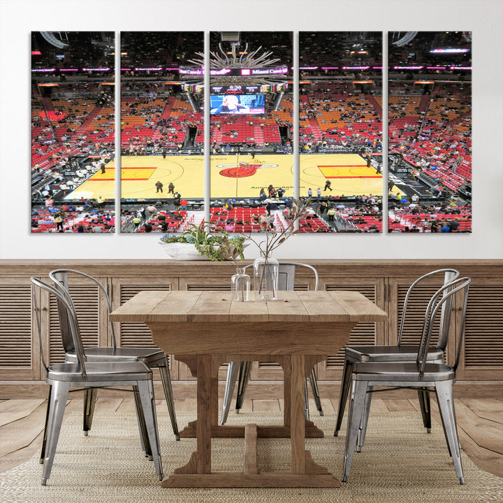 A Miami Heat Basketball Print showcases Kaseya Center Stadium Wall Art with a grand scoreboard.