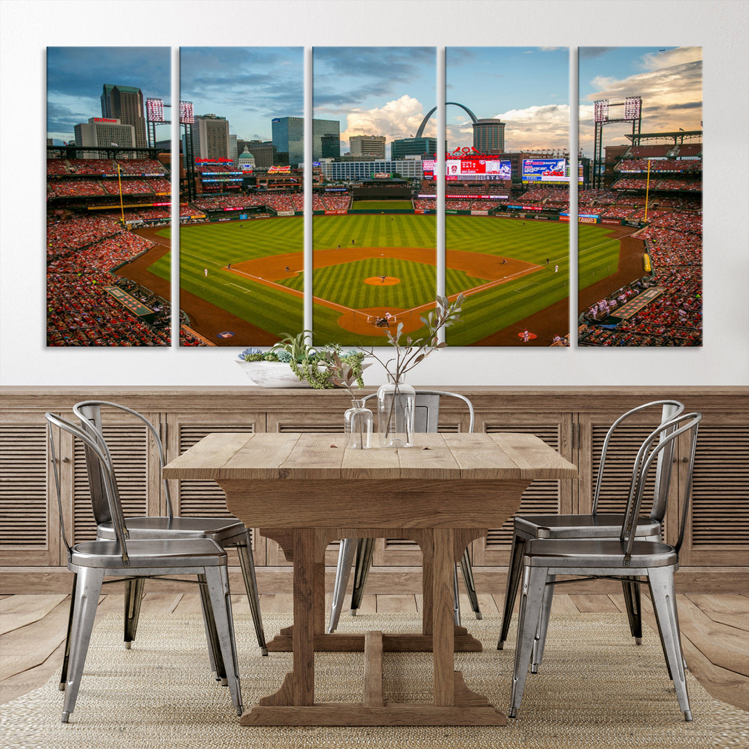 Canvas art of the St. Louis Cardinals Busch Stadium, capturing the citys skyline.