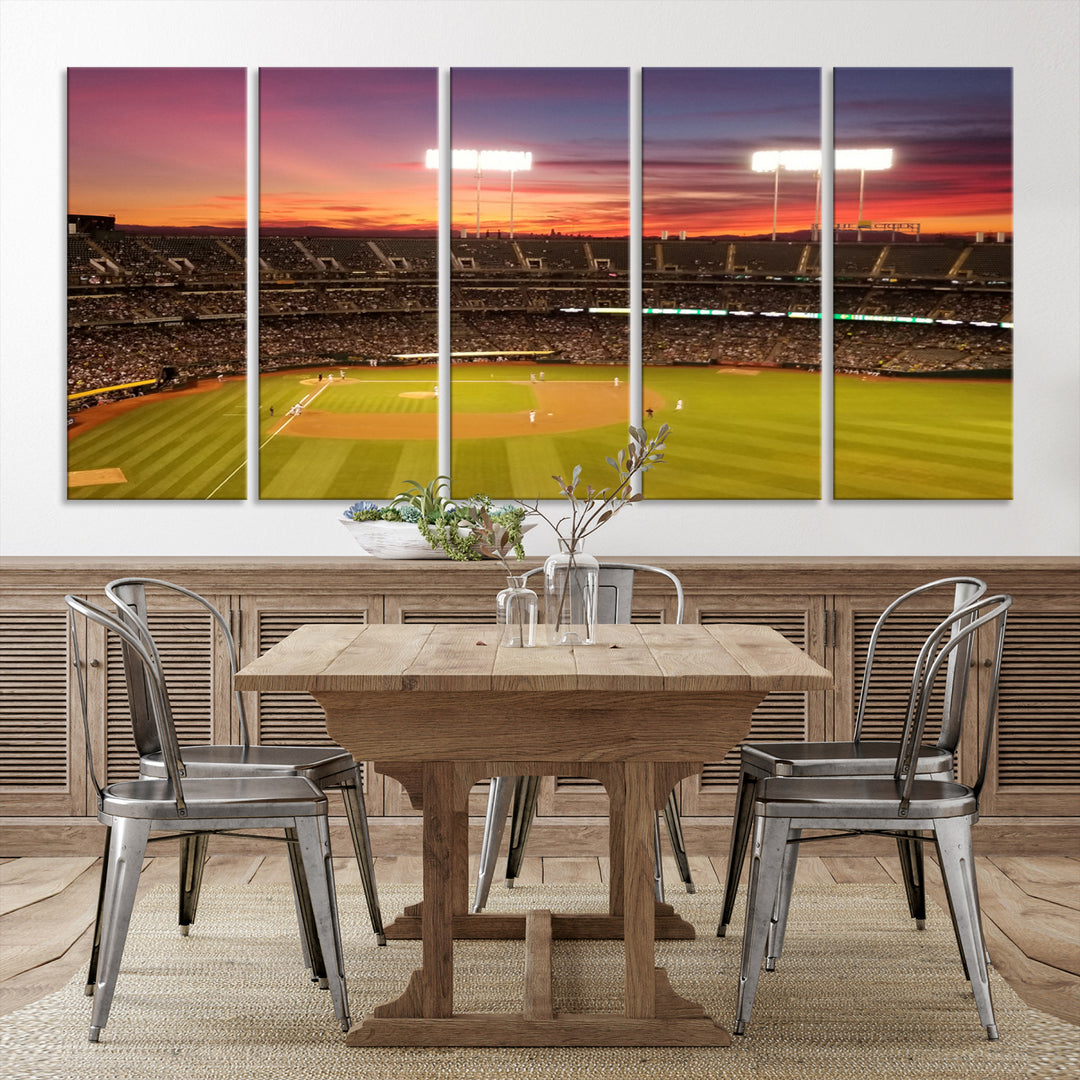 The Oakland Coliseum print is a museum-quality canvas depicting a full crowd and a sunset.