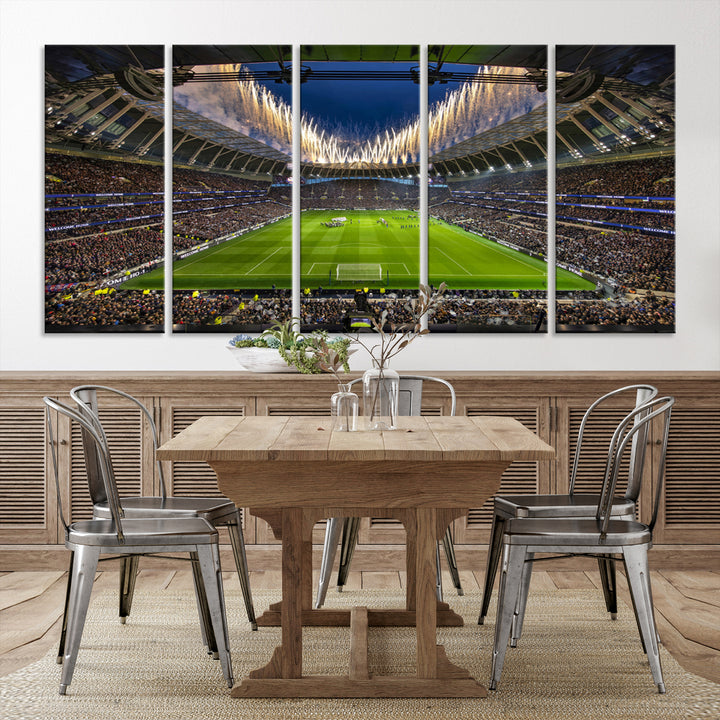 A stunning Tottenham Hotspur Stadium wall art captures the energy of a stadium packed with fans and vibrant lights.