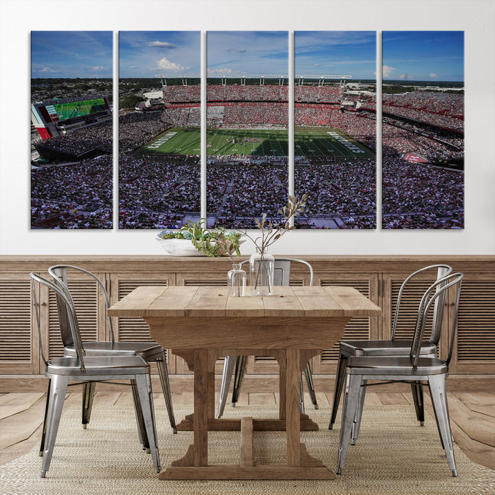 The wall art is a South Carolina Gamecocks print, showcasing Williams-Brice Stadium from a distance under clear skies.