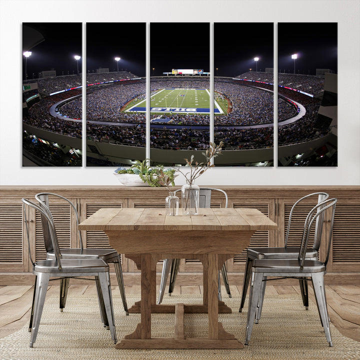 The Buffalo Bills NFL Highmark Stadium at night print captures the bright lights, conveying an exhilarating atmosphere.