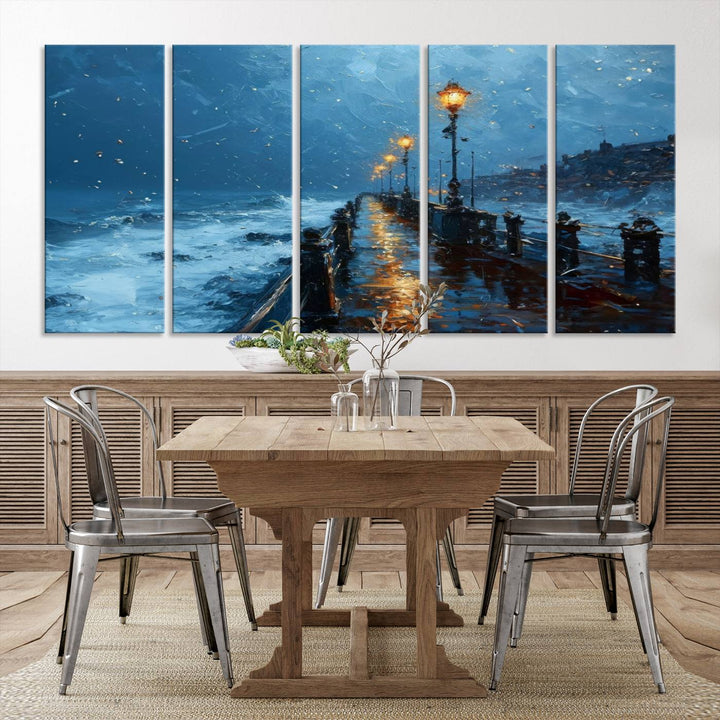 Framed 3-Panel Seaside Night Pier Oil Painting Canvas Wall Art | Ready to Hang Coastal Landscape Art for Modern Living Room, Office, or Bedroom Decor