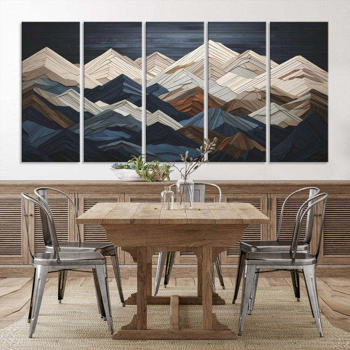 Wood Style Mountain Range Wall Art - Ready to Hang 3-Piece Set for Modern Rustic Decor, Abstract Wooden Design for Living Rooms, Bedrooms & Offices