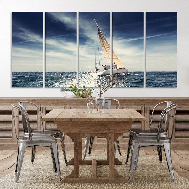 Sailboat Ocean Beach Blue Sky Wall Art Canvas Print