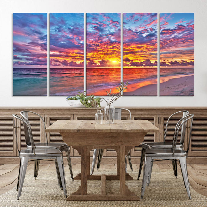 Vibrant Sunset Beach Wall Art | Ocean Sunset Canvas Print | Coastal Wall Art Decor | Ready to Hang | Stunning Sunset Scene for Home or Office Decor