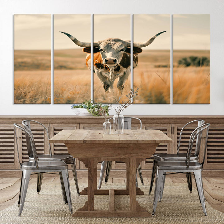 The Texas Cow Longhorn Wall Art Canvas adds rustic charm to the decor.