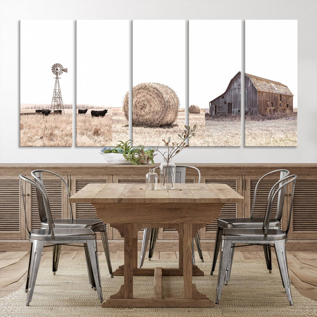 Above the couch, a Rustic Farmhouse Wall Art set depicts a barn and wheat field.