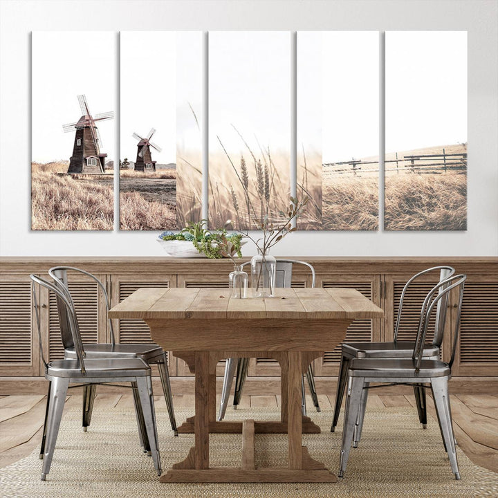 Farmhouse wall art set: 3 giclee canvas prints featuring windmills and wheat fields.