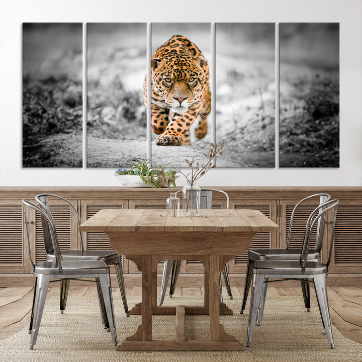 A striking three-panel "Jaguar Stalking Wall Art Canvas Print - Majestic Big Cat in Focused Pursuit" features a leopard walking forward, set against a black and white background.